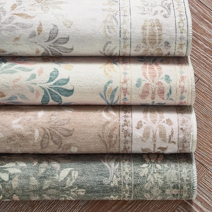 jinchan Vintage Floral Runner Rug 2x5 - Machine Washable Distressed Design Non-Slip Low-Pile Soft Thin Carpet for Hallway Kitchen Farmhouse Bedroom Entryway Laundry Room (2x5ft,Coral Pink)-CubbioJoy