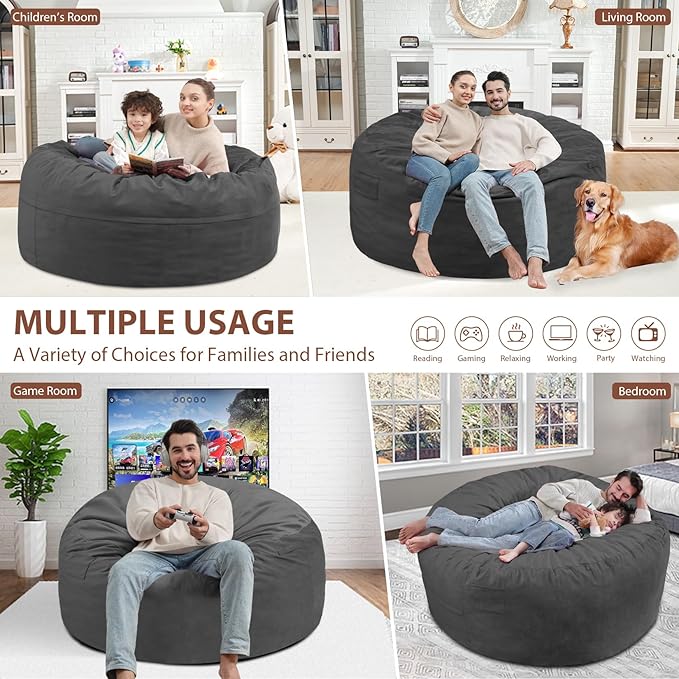4FT Bean Bag Chair, Large Bean Bag Chairs with Memory Foam Filled, Fluffy Beanbag Sofa with Dutch Velvet Cover, Round BeanBag Chairs for Living Room, Playroom - Grey-CubbioJoy