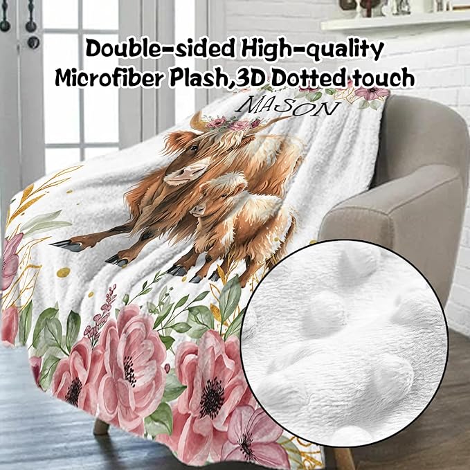 Custom Nursery Crib Bedding Set: Personalized Name 4 Piece Flower Highland Cow Design Baby Crib Sets for Baby Girls - Toddler Double Layer Blanket Set, Comfortable Crib Bed Sheets for Baby Toddlers-CubbioJoy