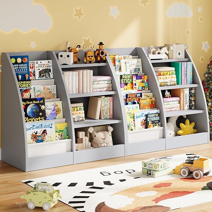 4 Tier Kids Bookshelf Set of 2,4 Layer Sling Kids Book Shelf for Kids Rooms,Wood Children Bookcase,Baby Storage Book Rack,Toddler Bookshelf, Book and Toy Organizer,Book Display Shelf for Nursery-CubbioJoy