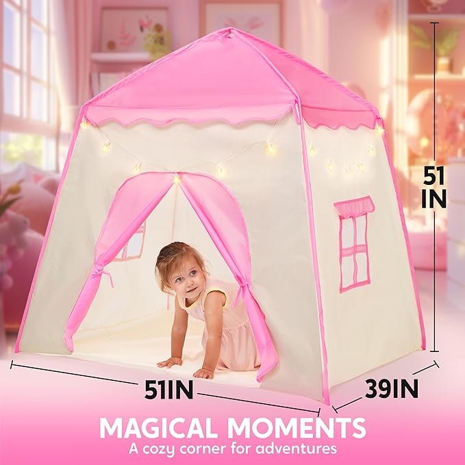 JOYIN Pink Princess Tent for Girls with LED Star Lights-Indoor & Outdoor Large Playhouse Kids Castle Play Tent for Children Indoor and Outdoor Games-CubbioJoy