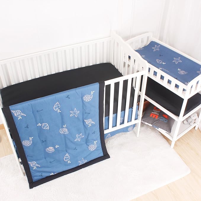 CaSaJa 4-Piece Crib Bedding Set for Boys and Girls, Nursery Baby Bedding Set Including Quilted Comforter with Fitted Crib Sheet and Changing Pad Covers, Reversible Quilt Design, Sea Conch-CubbioJoy