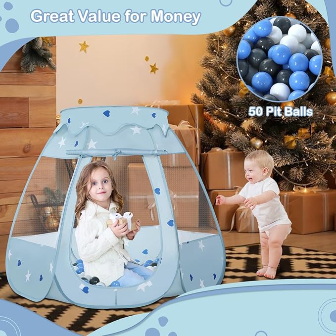 Baby Ball Pit for Toddler with 50 Balls, Kids Pop Up Play Tent for Girls, Princess Toys Gifts for Children Indoor & Outdoor Playhouse (Greyish-Blue: Gray/White/Babyblue, 109x90cm/50 Balls)-CubbioJoy