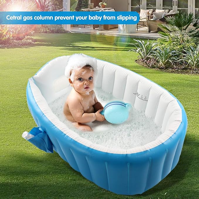 Baby Inflatable Bathtub, Portable Infant Toddler Bathing Tub Non Slip Travel Bathtub Mini Air Swimming Pool Kids Thick Foldable Shower Basin with Air Pump, Blue-CubbioJoy