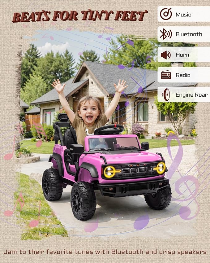 12V Electric Ride on Toys for Toddler, Ford Bronco Raptor Kids Ride on Car with Remote Control, 12 Volt Battery Powered Cars for Children with Smooth Start, Bluetooth (12V, Pink)-CubbioJoy