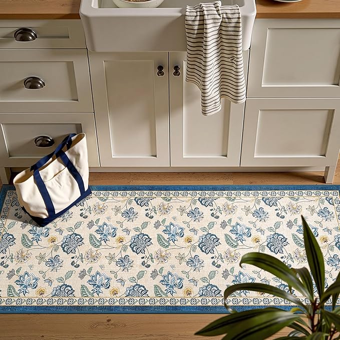 jinchan 2x5 Floral Runner Rug for Hallway Washable Kitchen Runner Vintage Romance Design Non Slip Thin Indoor Floor Cover Low-Profile Throw Carpet for Entryway Bathroom Bedroom Porch, Blue/Beige-CubbioJoy