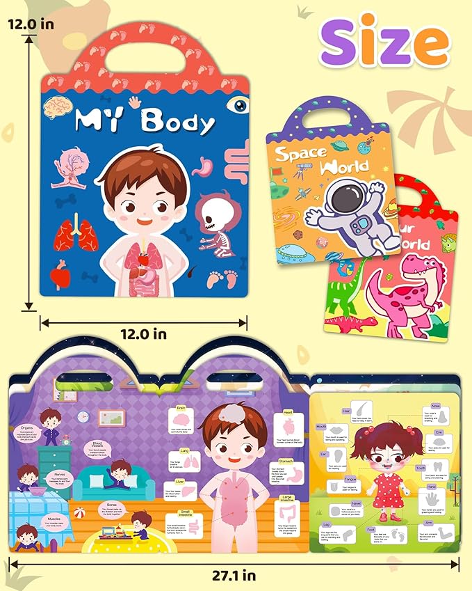 Benresive Reusable Sticker Books for Kids 2-4, Sticker Books for Toddlers 1-3 2-4, Toddler Travel Toys Activities Crafts Gifts - Dinosaurs, Space and Body-CubbioJoy
