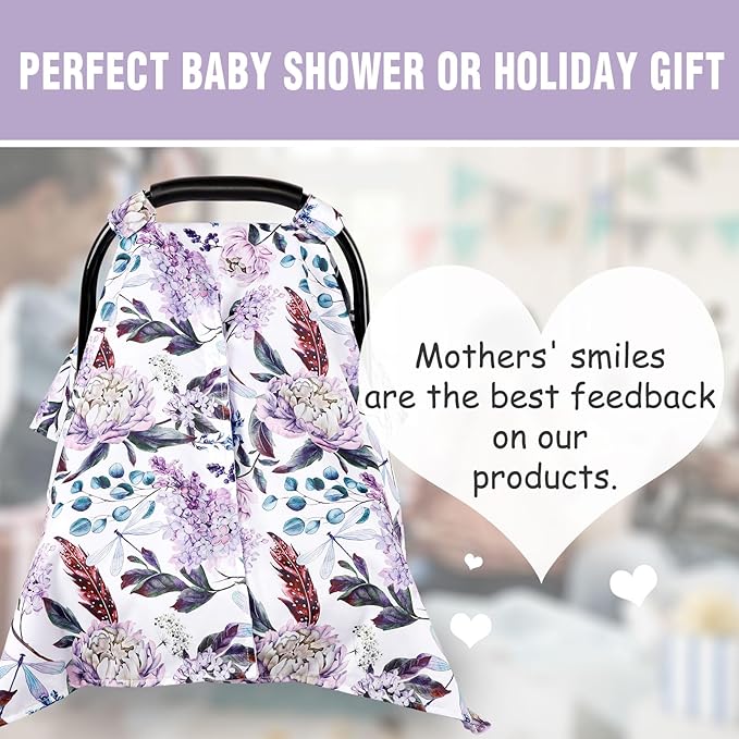 Car Seat Cover Baby, Infant Car Seat Canopy Covers for Newborn Girls Boys, Soft Breathable Mink Carseat Covers Stretchy Multi-Use Nursing Cover for Stroller Baby Car Seat, Purple Flroal-CubbioJoy