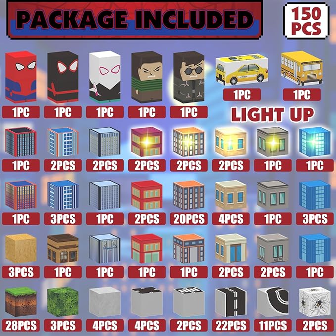 150 PCS Magnetic Blocks Building Toys Set, Spider Toys Light Up Magnetic Building Blocks for Boys Girls Ages 3+, 1 Inch Magnet Cubes STEM Sensory Construction Toy City Themes-CubbioJoy