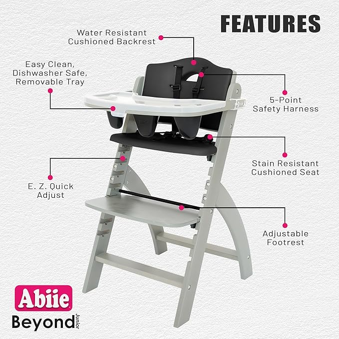 Abiie Beyond Junior Wooden High Chair with Tray - Adjustable and Convertible High Chair for Babies and Toddlers - 6 Months to 250 Lb - Water Resistant - Misty Grey Wood/Black Pearl Cushion-CubbioJoy