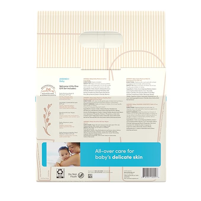 Aveeno Baby Welcome Little One Gift Set, Baby Skincare Set with Nourishing Baby Body Wash & Shampoo, Calming Bath Wash, All Over Baby Wipes, Daily Moisturizing Lotion, & Baby Balm, 5 Items-CubbioJoy