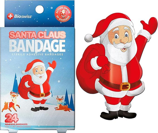 BioSwiss Bandages, Santa Claus Shaped Self Adhesive Bandage, Latex Free Sterile Wound Care, Fun First Aid Kit Supplies for Kids, 24 Count-CubbioJoy