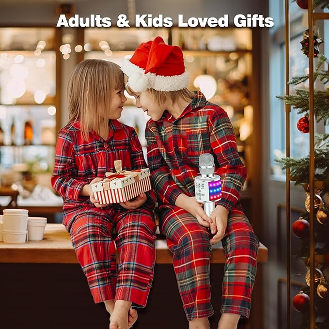 BONAOK Karaoke Microphone for Kids & Adults - Bluetooth Microphones Singing Mic with Disco Lights, Echo Effect, Built-in Speaker Portable Karaoke Player for Party Travel Gifts Q78(Silver)-CubbioJoy