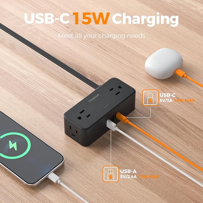 Black Extension Cord 10 Ft, TESSAN Power Strips with Surge Protection 900J with 4 Wide Spaced AC Outlets 3 USB Ports(1 USB C), Extension Cord with Multiple Outlets for Home Office Dorm Room-CubbioJoy