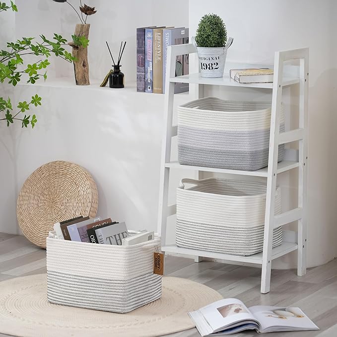 COMFY-HOMI 3 Pack Cotton Rope Square Basket with Handles - Storage & Organizer (White/Black Line, 13.5" x 11" x 9.5")-CubbioJoy