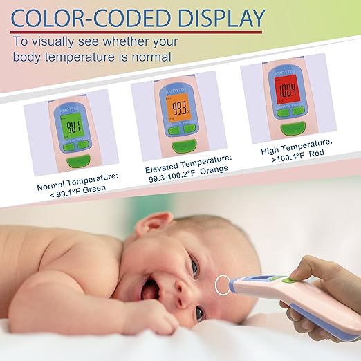Amplim Non-Contact Forehead Thermometer for Adults, Kids & Infants | Ampmed No-Touch Medical Grade Temporal Fever Thermometer with Case, Nurse Accessories for Work, FDA-Cleared Pink Termometro Digital-CubbioJoy