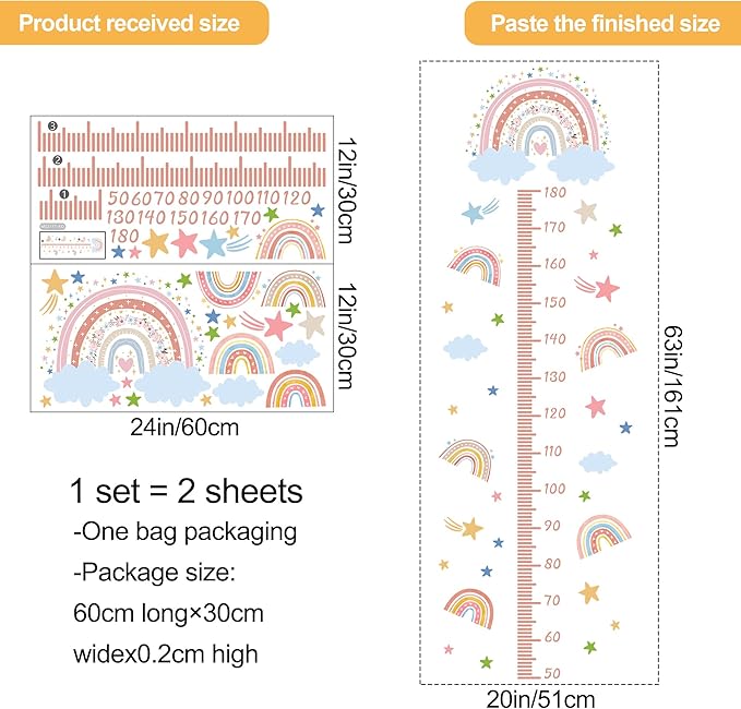 3D Cartoon Height Growth Chart for Kids - Removable DIY Pink Rainbow Wall Decal Peel and Stick Stars and White Clouds Wall Art Decor for Kids Nursery, Bedroom, Bathroom-CubbioJoy