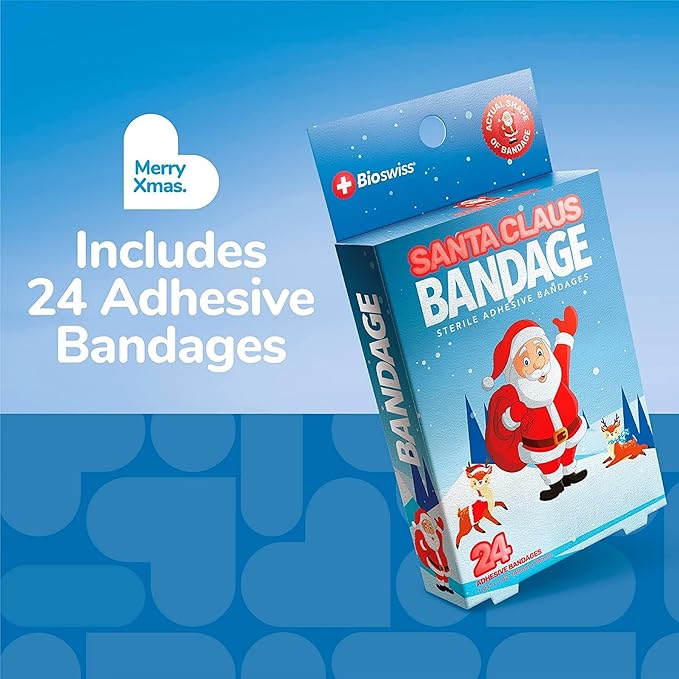 BioSwiss Bandages, Santa Claus Shaped Self Adhesive Bandage, Latex Free Sterile Wound Care, Fun First Aid Kit Supplies for Kids, 24 Count-CubbioJoy