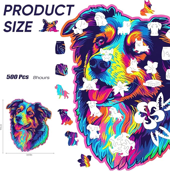 Australian Shepherd Dogs Wooden Puzzle 500pcs Stained Colorful Art Painting Wooden Puzzle for Kids Adults, Birthday Mother's Father's Day Christmas for Dad Mom Son Daughter(14.9 * 17.1in)-CubbioJoy