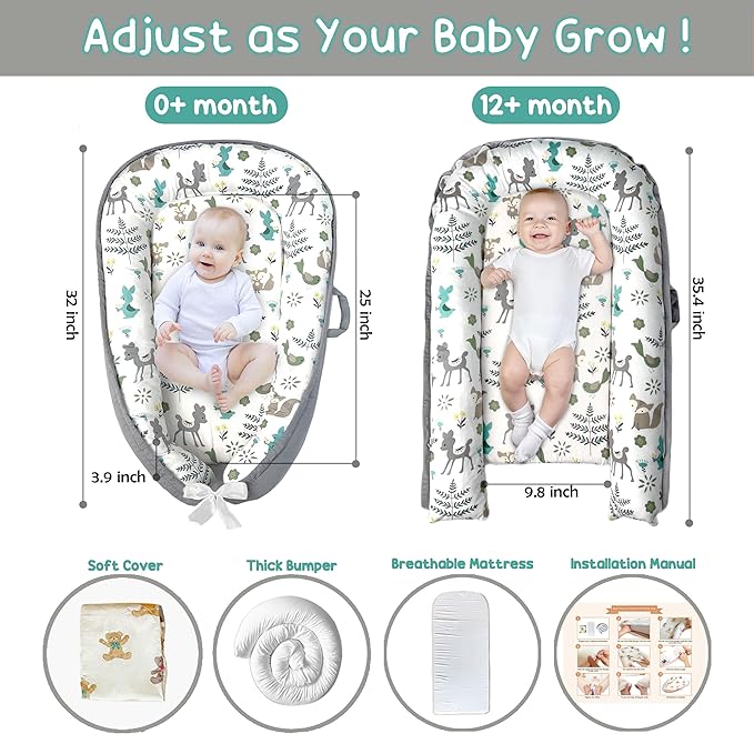 Baby Lounger - Baby Lounger for Newborn 0-24 Months, Breathable, Soft Cotton Baby Nest, Portable Infant Lounger for Home & Travel, Newborn Essentials Gift (Grey Deer)-CubbioJoy
