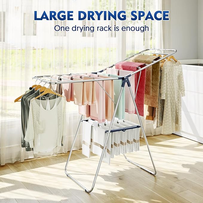 APEXCHASER Clothes Drying Rack, Stainless Steel Drying Rack Clothing with Height-Adjustable, Foldable Gullwings Laundry Drying Rack, Indoor Outdoor Use, No Assembly-CubbioJoy