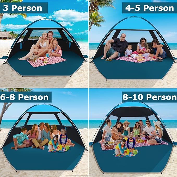 COMMOUDS Beach Tent Sun Shade for 3/4-5/6-7/8-10 Person, UPF 50+ Beach Sun Shelter Canopy Tent, Lightweight, Easy Set Up and Carry-CubbioJoy