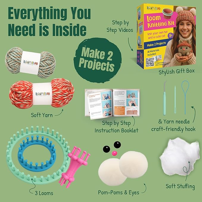 CRAFTILOO Knitting Kit for Kids – Beginner Knitting Kit to Make a Hat & Cat – Quick Knit Loom Kit with Yarn, Tools & Instructions – Knitting for Beginners Kit for Girls & Boys Ages 8+-CubbioJoy