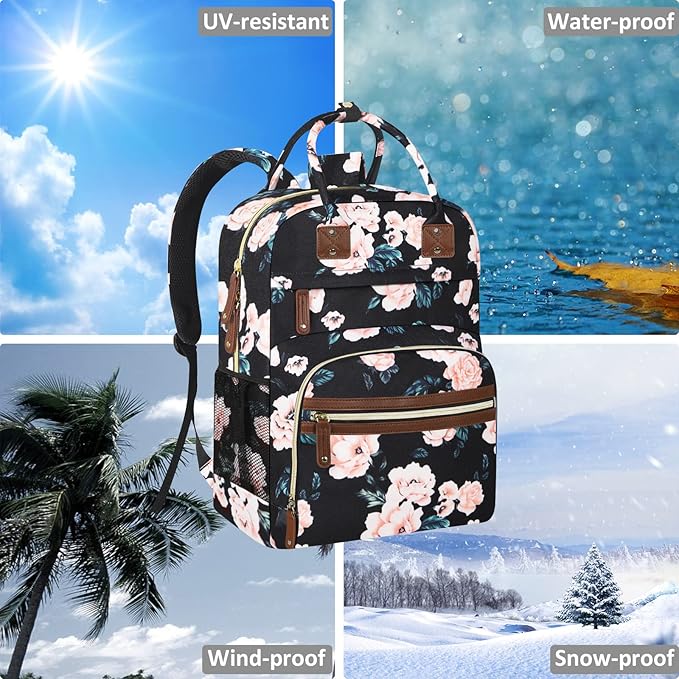 Diaper Bag Backpack Tote for Women Large Capacity with Insulated Pockets Multifunctional Diaper Bags For Baby Girl Boy Waterproof Baby Bags, Maternity Bag Black Pink Floral-CubbioJoy