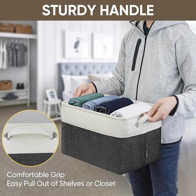 BALEINE 1 Pack Fabric Storage Bins for Shelves, Linen Storage Baskets for Organizing, Decorative Closet Bins for Clothes, Home (Black, 15''x11''x9.5'')-CubbioJoy