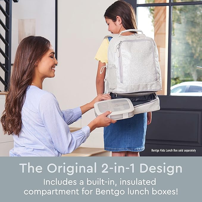 Bentgo Kids 2-in-1 Backpack & Insulated Lunch Bag - Glitter Designed 16” Backpack for School & Travel -, Durable, Water Resistant, Padded, & Large Compartments (Glitter Edition - Silver)-CubbioJoy