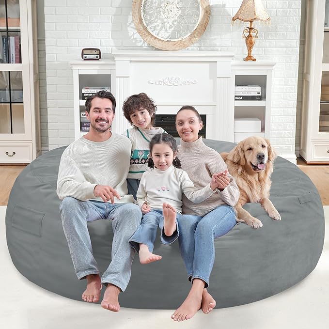 7FT Bean Bag Chair, Large Bean Bag Chairs with Memory Foam Filled, Fluffy Beanbag Sofa with Dutch Velvet Cover, Round BeanBag Chairs for Living Room, Playroom - Light Grey-CubbioJoy