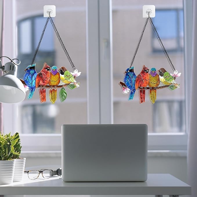 2 Pack Stained Glass Window Hanging - Hummingbird Decorations Suncatcher Hand-Painted Double Sided Birds on A Branch Sun Catcher for Window Home Decor Gifts for Mom,Bird Lovers-CubbioJoy