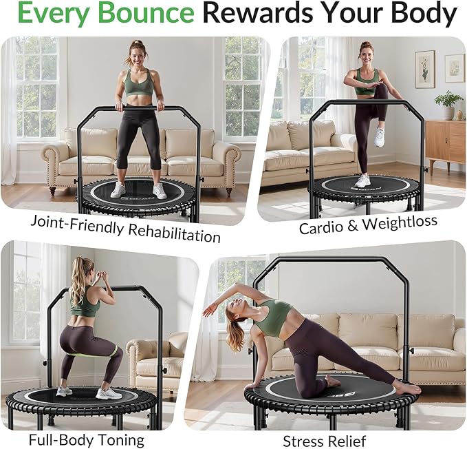 BCAN 40"/48" Mini Rebounder Trampoline for Adults with Bar, 450/550LBS Fitness Trampoline with Bungees, Adjustable Handle, Stable & Quiet, Indoor Outdoor, Whole-Body Workout & Relaxation at Home-CubbioJoy