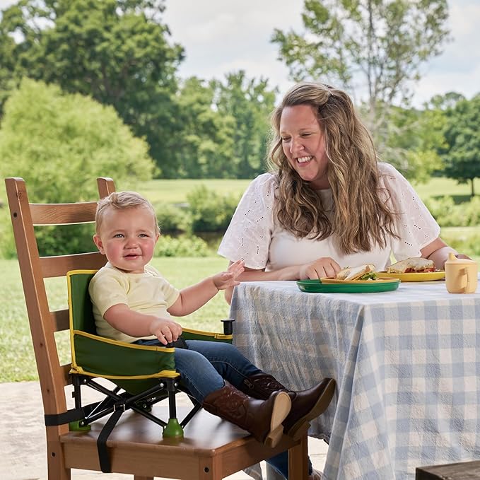 Bright Starts John Deere Pop 'N Sit Portable Booster Chair, Floor Seat, Indoor/Outdoor Use, Compact Fold, Green and Yellow, 6 Mos - 3 Yrs-CubbioJoy