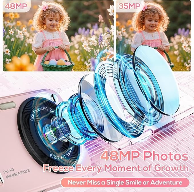 Digital Camera for Kids, WITYEAH 48MP FHD 1080P Point and Shoot Digital Cameras with 16X Zoom Anti-Shake, Compact Portable Cameras for Photography, for Boys Girls Teens Beginners-Pink-CubbioJoy