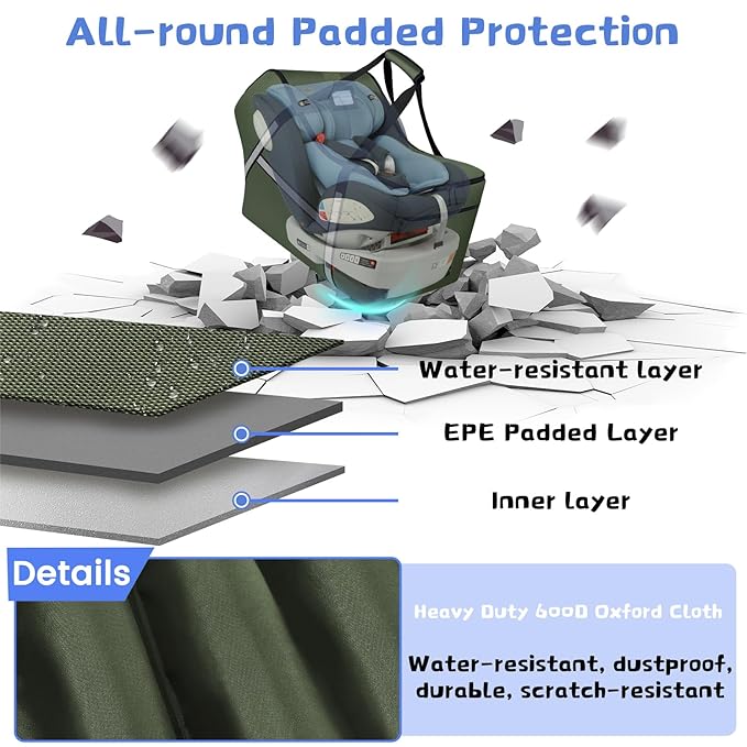 Infant Car Seat Travel Bag for Airplane Compatible with All Nuna Pipa Car Seat and Base,Chicco KeyFit 30 and Base, Padded Car Seat Bags for Air Travel,Car Seat Gate Check Bag with Side Pocket, Green-CubbioJoy