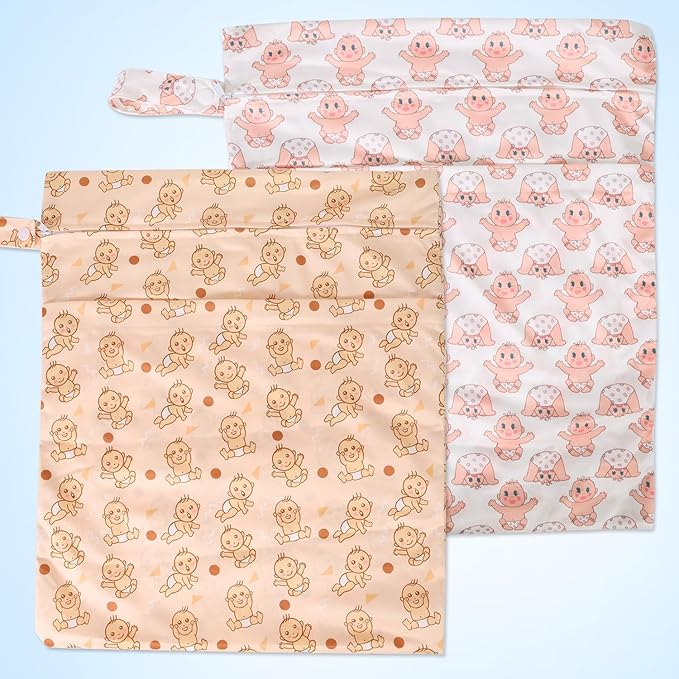 2pcs Travel Waterproof Laundry Bag, Cloth Diaper Wet Dry Bags with Handle & 2 Zipper Pockets, Reusable Washable Dirty Clothes Bag for Baby Adult Travelling Hanging, Bathing Beach Pool Daycare-CubbioJoy