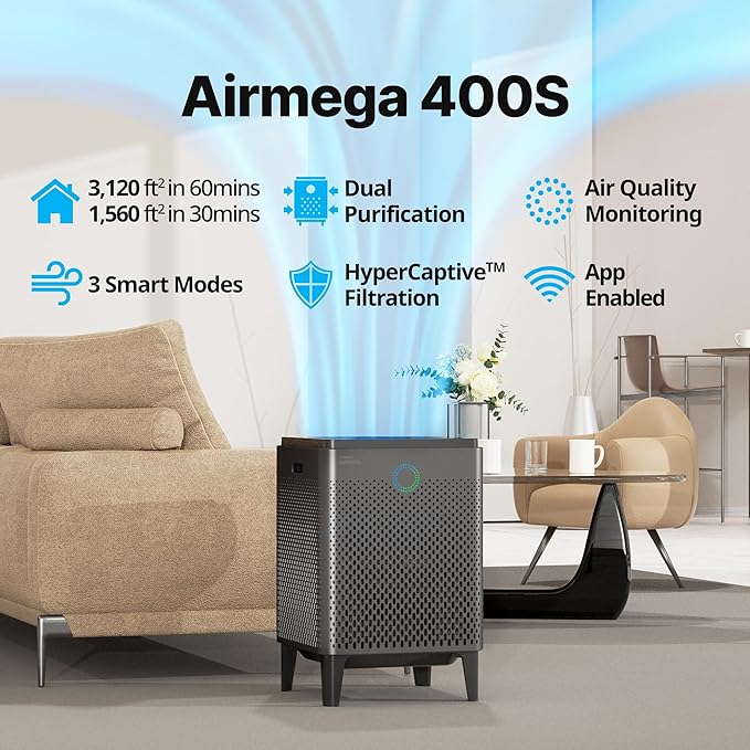 Coway Airmega 400S(G) App-Enabled Smart Technology Compatible with Amazon Alexa True HEPA Air Purifier, Covers 1,560 sq. ft, Graphite-CubbioJoy