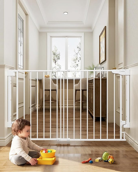 Cumbor 31.6-48" No Bottom Bar Baby Gate for Stairs, 2-in-1 Auto Close Dog Gate Indoor, Hardware Mounted Pet Gate for Doorways with Large Walk Thru Door, Child-Proof Safety Gate for Kids (White)-CubbioJoy