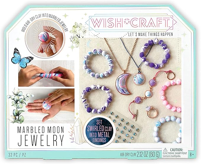 Bright Stripes Wish*Craft Marbled Moon Jewelry Kit – DIY Air-Dry Clay Set for Kids Ages 8+ with Molds, Iridescent Gems, Vibrant Colors, Metal Findings & Storage – Creative Jewelry Gift Set for Girls-CubbioJoy