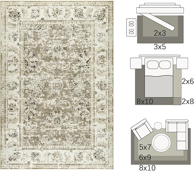 jinchan Washable Area Rug 4x6 Ultra-Thin Low Pile Non Slip Stain Resistant Soft Faux Wool Floral Rug Distressed Boho Vintage Carpet for Bedroom,Living Room,Dining Room,Kitchen,Nursery(Taupe, 4' x 6')-CubbioJoy