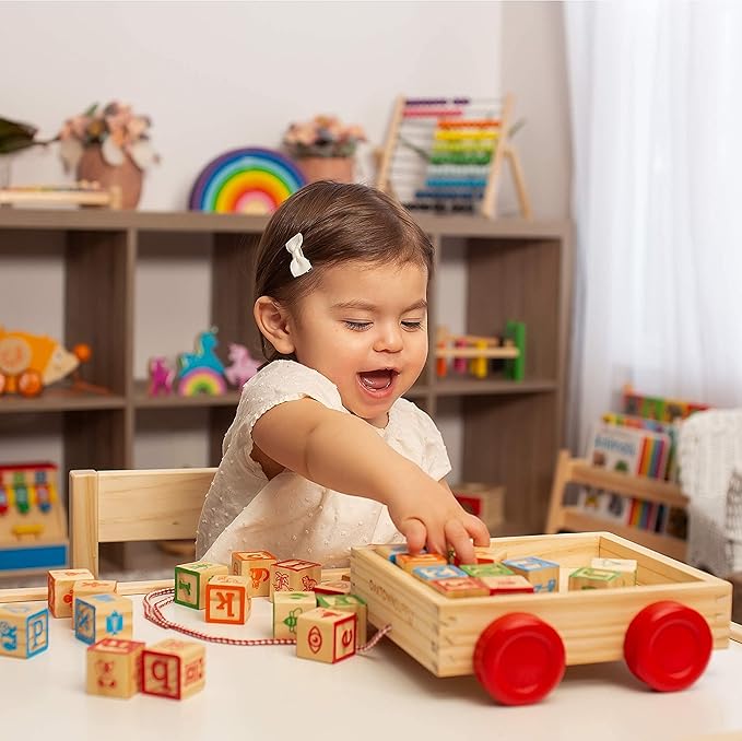 Building Blocks for Toddlers 1-3 Years Old, 30 Large Stackable Wooden Baby Blocks with Alphabet and Number Icons on Every Side, Toy Wagon Included﻿-CubbioJoy