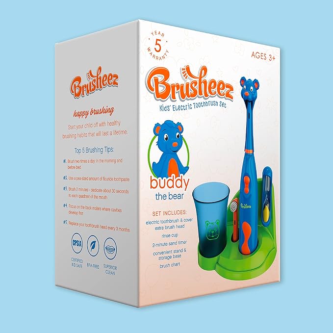 Brusheez Kids’ Electric Toothbrush Set - Safe & Effective for Ages 3+ - Parent Tested & Approved with Gentle Bristles, 2 Brush Heads, Rinse Cup, 2-Minute Timer, & Storage Base (Buddy The Bear)-CubbioJoy