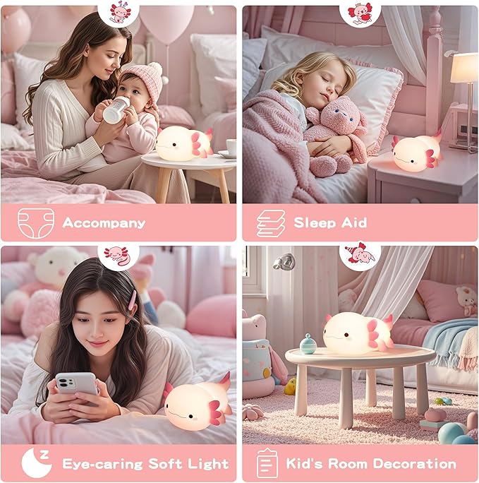 Axolotl Lamp,Cute Axolotl Night Light,Dimmable Silicone Animal Nursery Night Light,Adorable Rechargeable Squishy Novelty Bedside Touch Lamp,Baby Room Decor, Axolotl Gifts for Kids/Girls-CubbioJoy