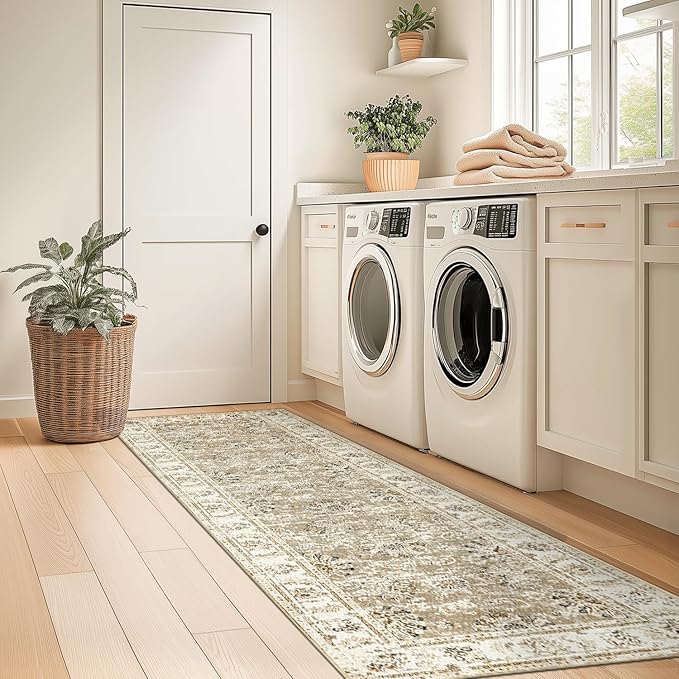 jinchan Hallway Runner Rug 2x10 Machine Washable Runner Rug Taupe Vintage Floral Design Non-Slip Ultra-Thin for Kitchen Laundry Room Bedroom Farmhouse (2‘x10',Taupe)-CubbioJoy
