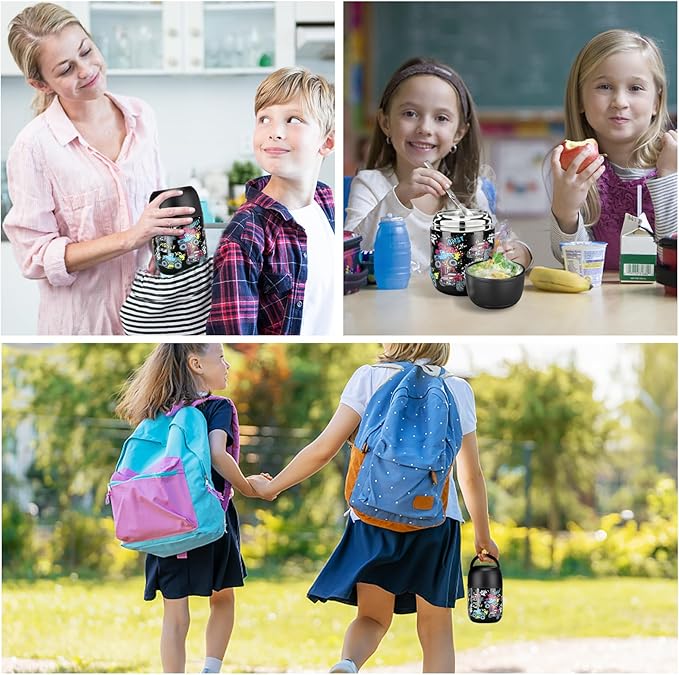 17 oz Insulated Lunch Containers Hot Food Jar, Wide Mouth Lunch Thermo for Kids Adults, Vacuum Stainless Steel Lunch Box With Handle Folding Spoon for School, Office Black - Car-CubbioJoy