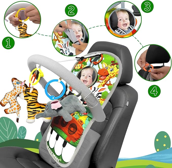 Car Seat Toys for 6-12 Months - Musical Pedal Piano with Baby Mirror, Squeaky Sensory Soft Animal Toys for Rear Facing Carseats-CubbioJoy