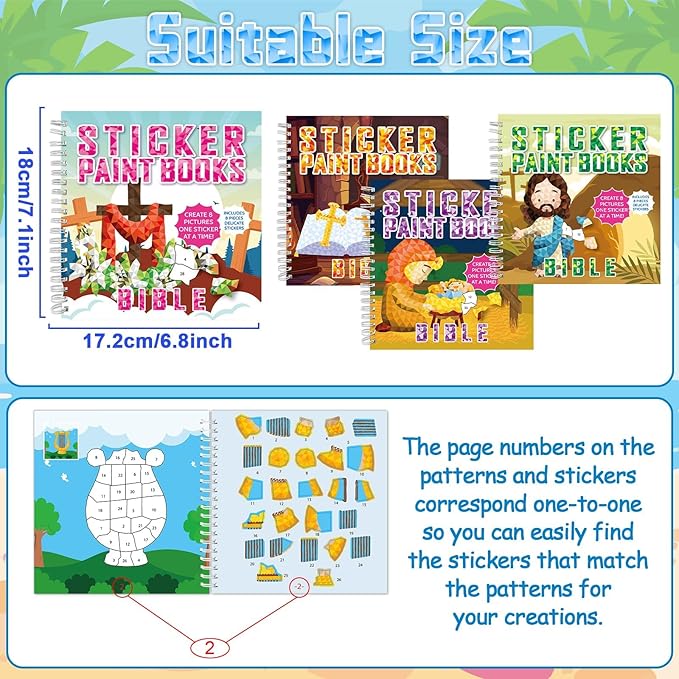 4Pcs Bible Paint by Sticker Books Sticker by Number Books Activity Book Stickers Puzzle Book Christian Craft Art Gift Set Party Favor with Jesus Bible Cross 32 Pictures-CubbioJoy