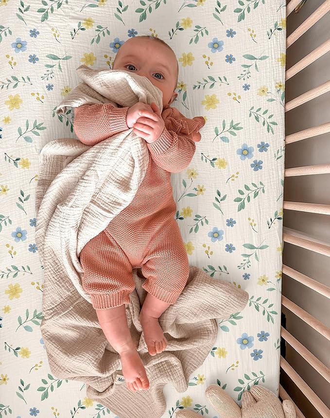 Bassinet Sheet for Baby Boy and Girl 2 Pack, Fitted Sheets for Rectangle, Oval, Hourglass Bassinet Mattress, Muslin Moses Basket Sheets with Neutral Style (Spring Garden & Sage)-CubbioJoy