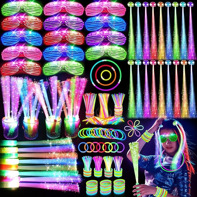 148 PCS Glow in the Dark Party Supplies, 16 Fiber Optic Wands, 14 LED Glasses, 100 Glow Sticks and 18 LED Hair Clips Fiber Optic for Neon Party, Wedding, Birthday, Concert, New Year-CubbioJoy